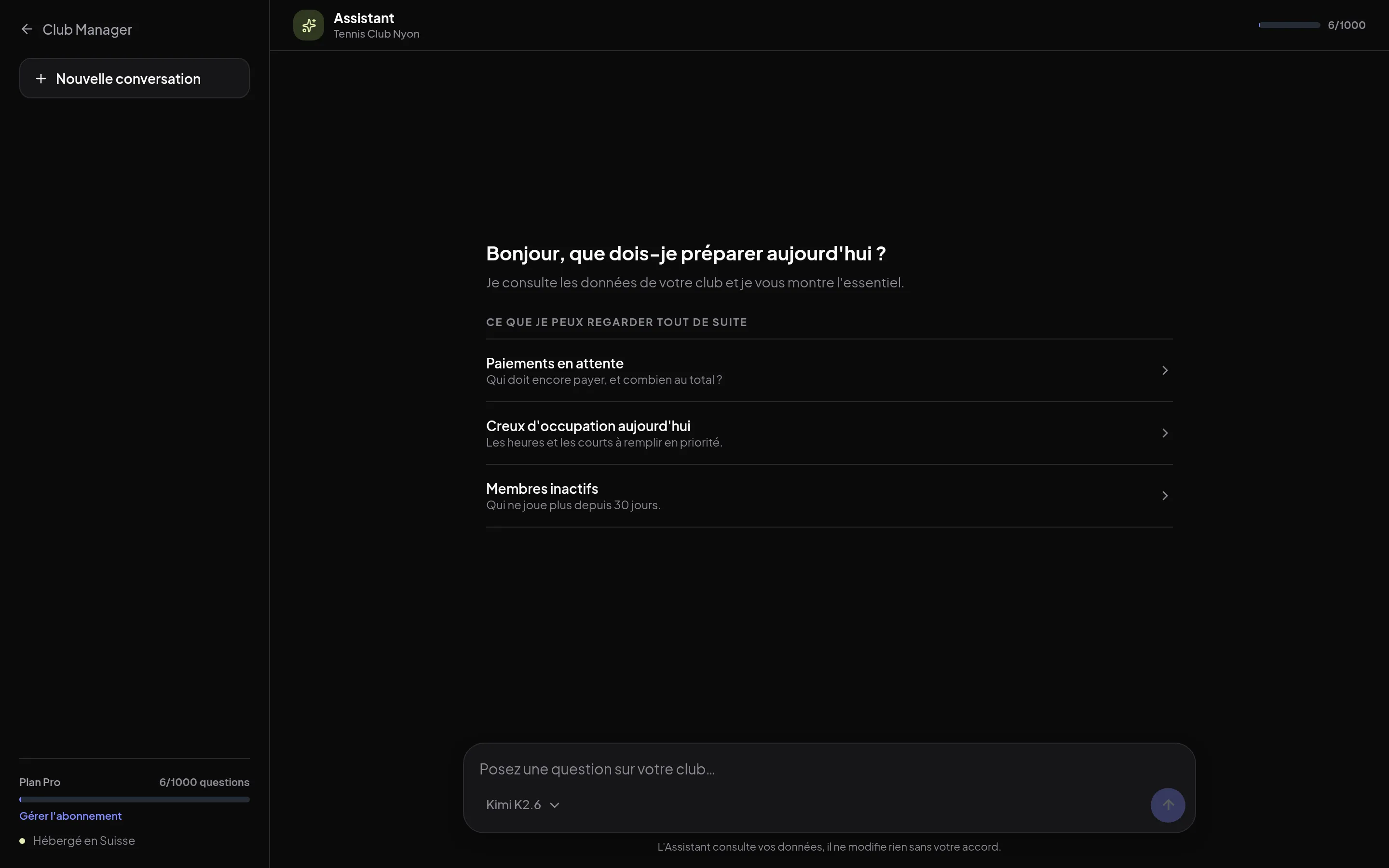 AI Club Manager Assistant: sugestões de perguntas sobre pagamentos, ocupação e membros