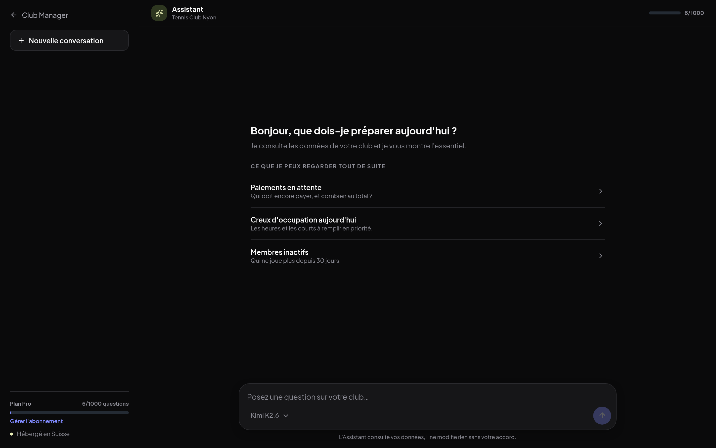 AI Club Manager Assistant: sugestões de perguntas sobre pagamentos, ocupação e membros