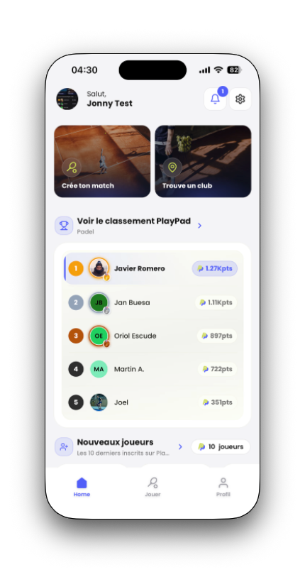 PlayPad-Startseite: Match erstellen, Club finden und Rangliste ansehen