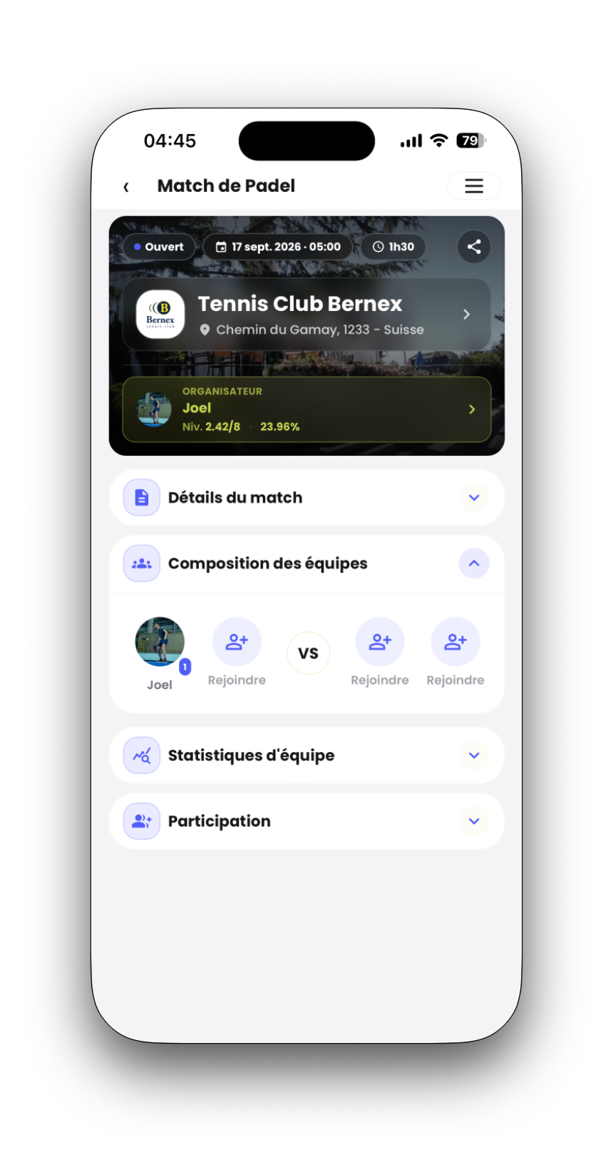 Matchdetails: Club, Zeit, Organisator und Teamplätze